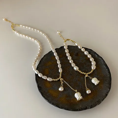 French Vintage Freshwater Pearl Necklace Bracelet Set For Women Elegant Shell Flower Lily Of The Valley Pendant Gold Plated Snake Chain Jewelry