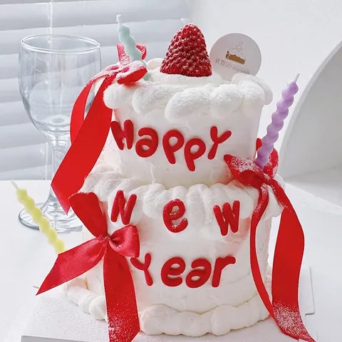 Happy New Year Cake Topper Set Red Soft Glue Letter Decoration Ribbon Bow Colorful Spiral Candles Baking Ornament Festive Party Supplies