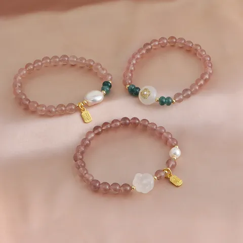 Natural Strawberry Quartz Beaded Bracelet For Women Handmade Copper Artificial Pearl Fu Charm Chinese Style Fashion Jewelry Gift