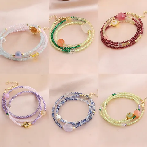 Collier Bracelet Deux En Un Perles En Pierre Naturelle Multirang Aquamarine Améthyste Agate Calcédoine Perle Artificielle Bijoux Pour Femmes