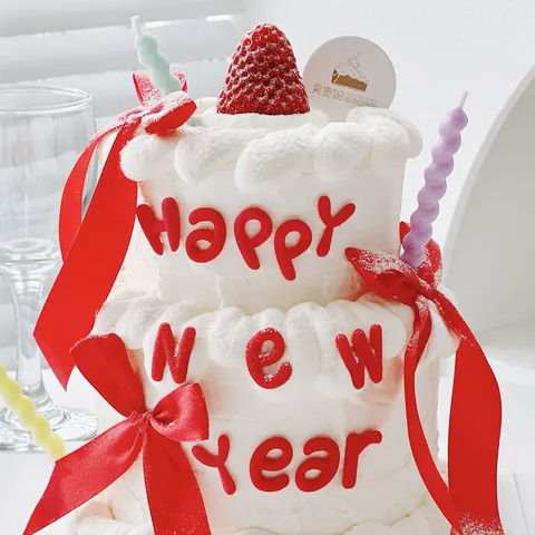 Happy New Year Cake Topper Set Red Soft Glue Letter Decoration Ribbon Bow Colorful Spiral Candles Baking Ornament Festive Party Supplies