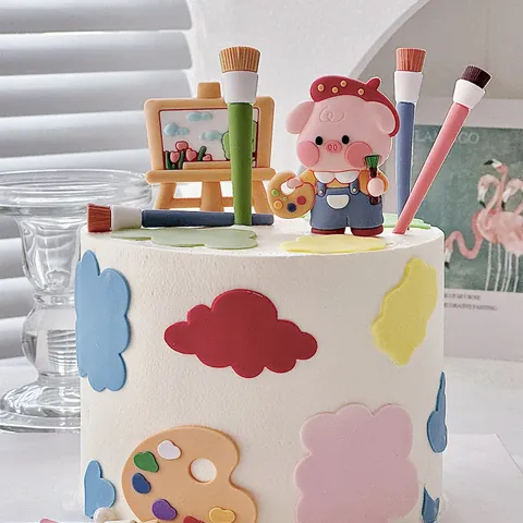 Cartoon Malerei Schwein Tortendeko Set Künstler Schwein Figuren Mit Miniatur Staffelei Und Pinseln Für Geburtstag Torte Deko