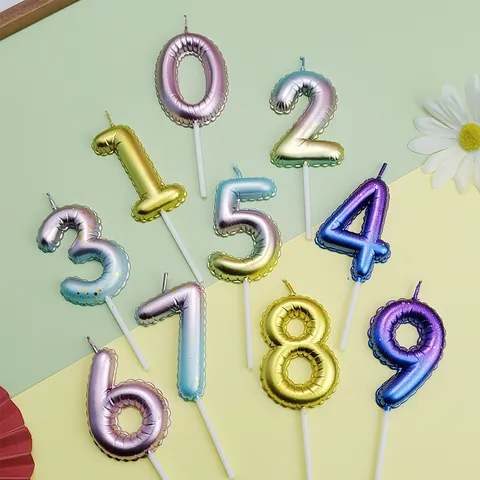 Metallic Colorful Balloon Number Birthday Candle Gradient Pink Gold Blue Numeric Cake Topper For Party Decoration