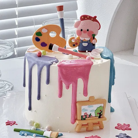 Cartoon Malerei Schwein Tortendeko Set Künstler Schwein Figuren Mit Miniatur Staffelei Und Pinseln Für Geburtstag Torte Deko