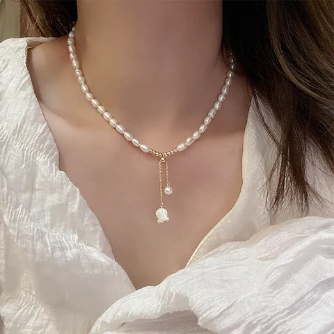 French Vintage Freshwater Pearl Necklace Bracelet Set For Women Elegant Shell Flower Lily Of The Valley Pendant Gold Plated Snake Chain Jewelry