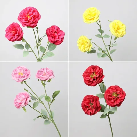 Rosa di Seta Artificiale a Tre Teste Gambo Lungo Faux Austin Rose per Celebrazione di Matrimonio Festa Decorazione Domestica Composizione Floreale Materiale Floreale