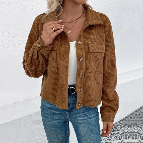 Women's Vintage Brown Corduroy Jacket Long Sleeve Lapel Single Breasted Short Coat With Pockets Casual Outerwear Top