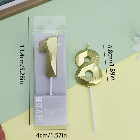 Velas de Cumpleaños Numéricas Geométricas Facetadas Oro Plata Parafina Decoración de Pasteles para Fiesta Celebración Hornear