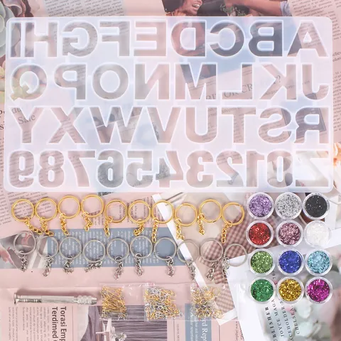 DIY Crystal Epoxy Resin Silicone Mold Kit Alphabet Number Pendant Jewelry Making With Keychain Rings Glitters Hand Drill
