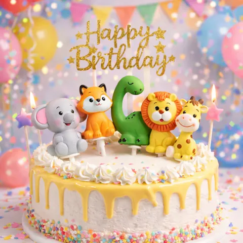 Cartoon Resin Animal Cake Toppers Cute Elephant Fox Lion Giraffe Dinosaur Resin Figurines For Birthday Party Cake Decoration
