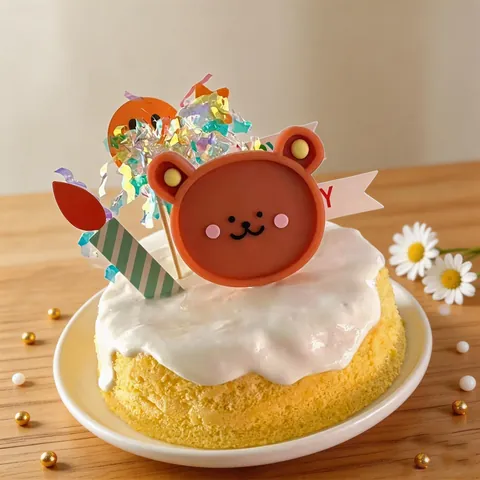 Soft Glue Cartoon Bear Smile Face Cake Toppers Happy Birthday Party Decoration Supplies DIY Cake Plugin Decoration For Kids Birthday Celebration