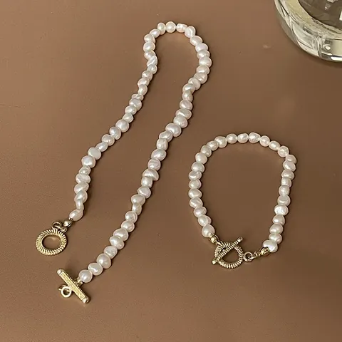 French Vintage Baroque Freshwater Pearl Necklace Bracelet Set Hepburn Style Gold OT Buckle Irregular Pearl Choker For Women