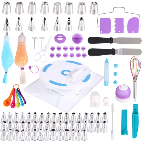 Professional Cake Decorating Kit With Turntable Stainless Steel Piping Nozzles Spatulas Scrapers Baking Supplies DIY Home Baker Tools