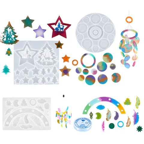 DIY Crystal Resin Mold Silicone Wind Chime Wall Hanging Decoration Mirror Feather Christmas Tree Star Pattern Silicone Mold For Room Decor