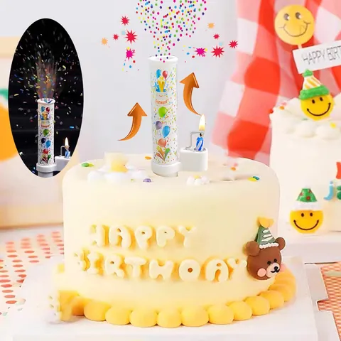 Surprise Automatic Confetti Popper Birthday Cake Candle With Paraffin Wax ABS Plastic Base Balloon Pattern Party Cake Topper Decoration
