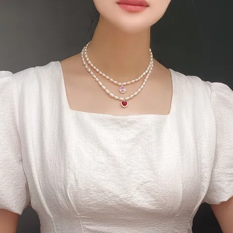 Koreanische Vintage Süßwasserperlen Halskette Für Damen Legierung Strass Anhänger Herz Wassertropfen Quadrat Form Choker Schlüsselbeinkette Schmuck