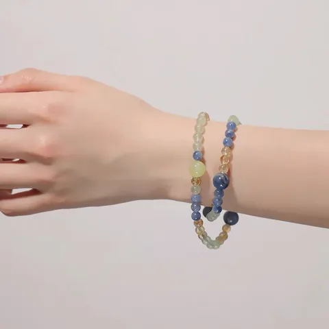 Handmade Natural Kyanite Crystal Beaded Bracelet For Women Double Loop Citrine Prehnite Round Beads Stretch Bracelet Jewelry