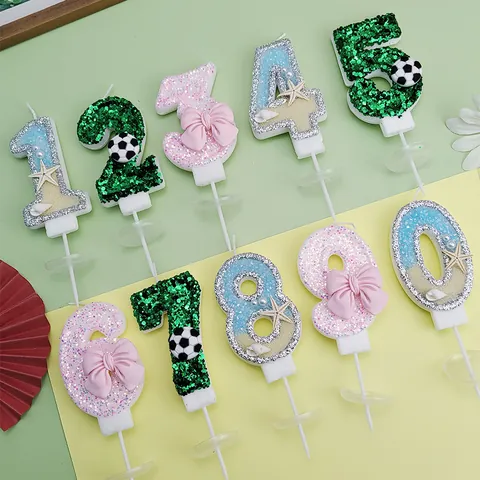 Velas de Cumpleaños Creativas Lazo Fútbol Estrella de Mar Número 0-9 Cera de Parafina con Brillo Decoración de Pasteles