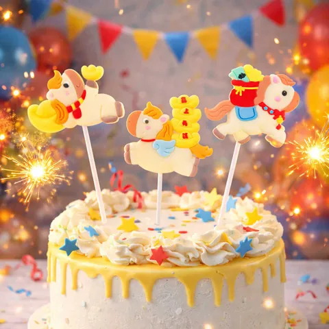 Soft PVC Pony Cake Topper Birthday Party Decorations Zodiac Horse Star Firework Ingot Lucky Bag Baking Ornament Gift