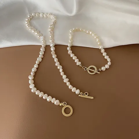 French Vintage Baroque Freshwater Pearl Necklace Bracelet Set Hepburn Style Gold OT Buckle Irregular Pearl Choker For Women
