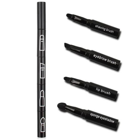 Portable 4-In-1 Makeup Brush Set Detachable Eyeshadow Lip Eyebrow Brush Black Synthetic Fiber Plastic Handle Beauty Makeup Tool