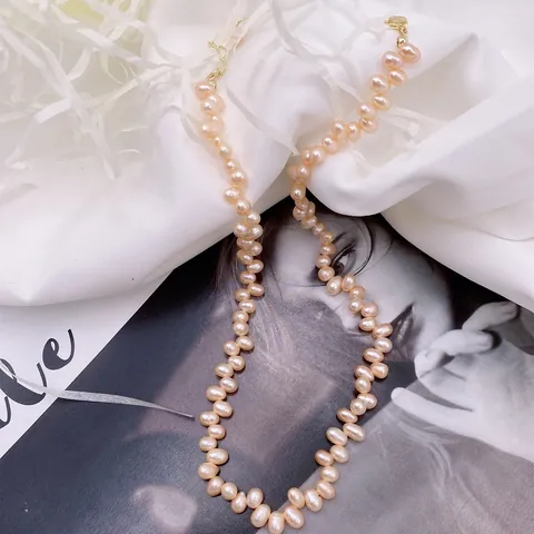 Freshwater Pearl Necklace Bracelet Set Pink White Rice Shape Petal Design Pastoral Style Elegant Hand Beaded Jewelry For Women