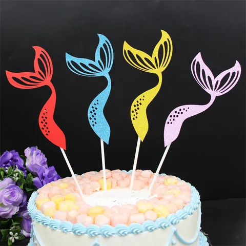 Mermaid Tail Glitter Cake Topper For Birthday Party Dessert Table Decoration Glitter Paper Cake Picks Baking Decoration