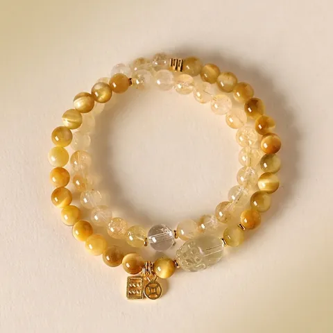 Double Strand Natural Yellow Tiger Eye Bracelet For Women Yellow Crystal Pixiu Charm Beaded Bracelet Niche Jewelry Accessories