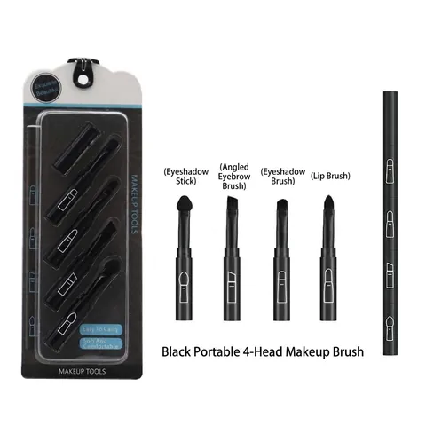 Portable 4-In-1 Makeup Brush Set Detachable Eyeshadow Lip Eyebrow Brush Black Synthetic Fiber Plastic Handle Beauty Makeup Tool