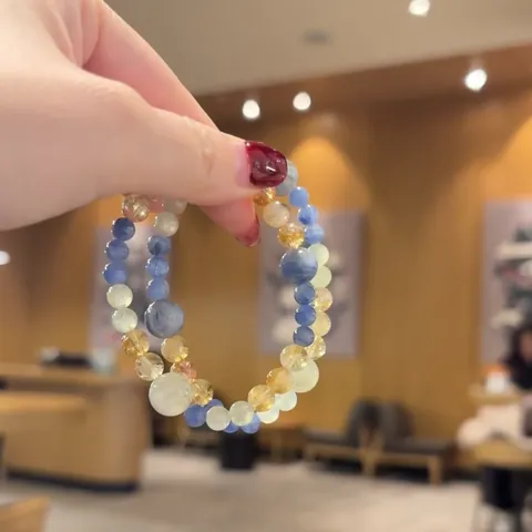 Handmade Natural Kyanite Crystal Beaded Bracelet For Women Double Loop Citrine Prehnite Round Beads Stretch Bracelet Jewelry
