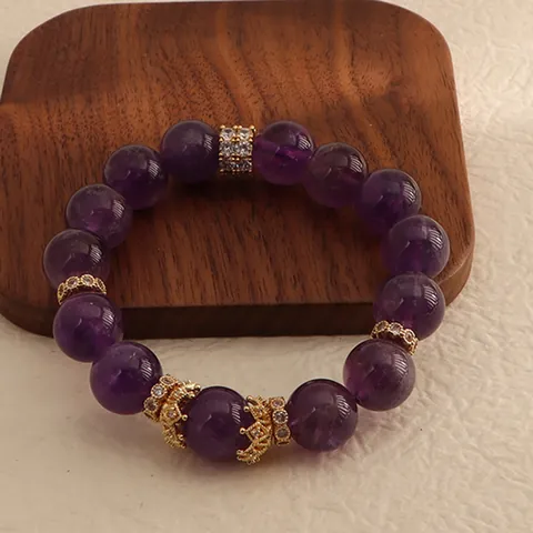 Natural Uruguay Amethyst Bracelet For Women Purple Crystal Beads Handcrafted Gold Crown Rhinestone Charm Jewelry Gift
