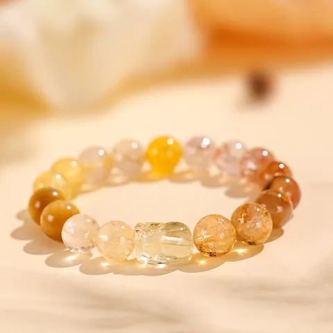 Pulsera de Cristal Multi-gema para Mujer Moda Citrino Oro Cuarzo Rutilado Cuentas Pi Xiu Joyería de Strass Regalo de Suerte