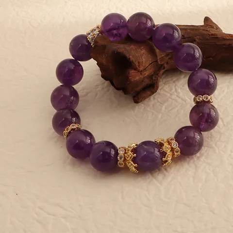 Natural Uruguay Amethyst Bracelet For Women Purple Crystal Beads Handcrafted Gold Crown Rhinestone Charm Jewelry Gift