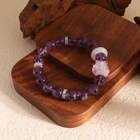 Fashion Nine-Tailed Fox Natural Stone Beaded Bracelet With Amethyst White Agate Strawberry Quartz Rhinestone Charm Bracelet For Women