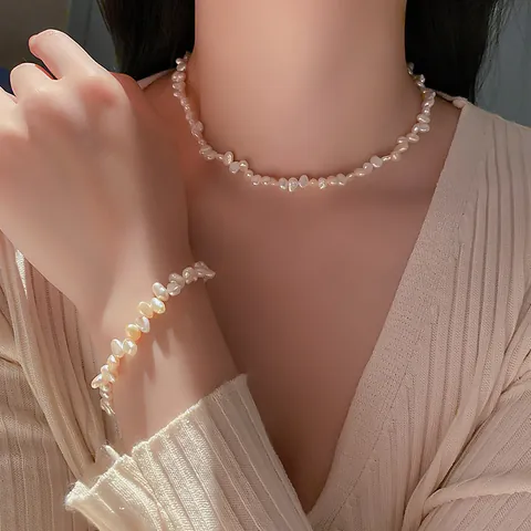 Handmade Baroque Irregular Freshwater Pearl Necklace Bracelet Set Minimalist Elegant Design Clavicle Chain Jewelry For Women