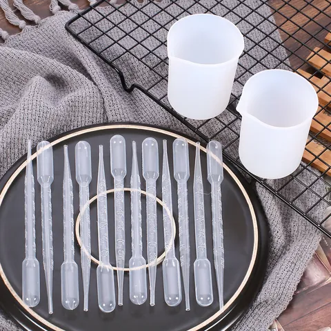 Juego de 14 Herramientas de Resina para Bricolaje Tazas Medidoras de Silicona y Pipetas de Plástico Graduadas para Accesorios de Fabricación de Joyería