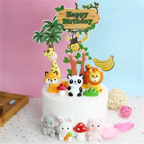 Décorations de Gâteau en Résine Animaux de la Forêt Mignon Lion Éléphant Renard Champignon Arbre Herbe Safari Anniversaire Fête Ornement Enfant