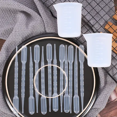 Juego de 14 Herramientas de Resina para Bricolaje Tazas Medidoras de Silicona y Pipetas de Plástico Graduadas para Accesorios de Fabricación de Joyería