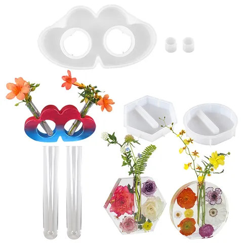 DIY Crystal Resin Silicone Mold Set Hexagon Round Double Heart Hydroponic Vase Base Mirror Mold With Test Tube Accessories