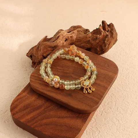 Natural Green Fluorite Crystal Yellow Quartz Double Wrap Beaded Bracelet For Women Vintage Chinese Style Hand Jewelry With Artificial Pearl