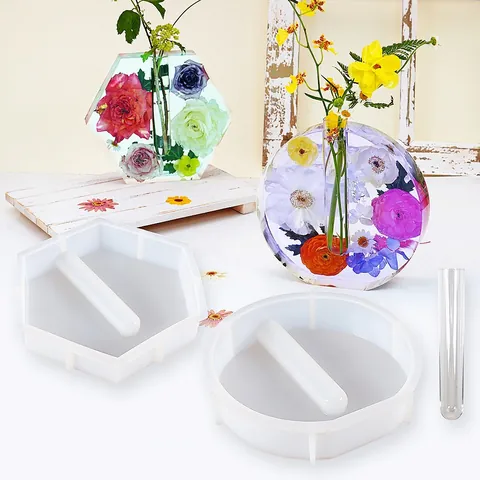 DIY Crystal Resin Silicone Mold Set Hexagon Round Double Heart Hydroponic Vase Base Mirror Mold With Test Tube Accessories