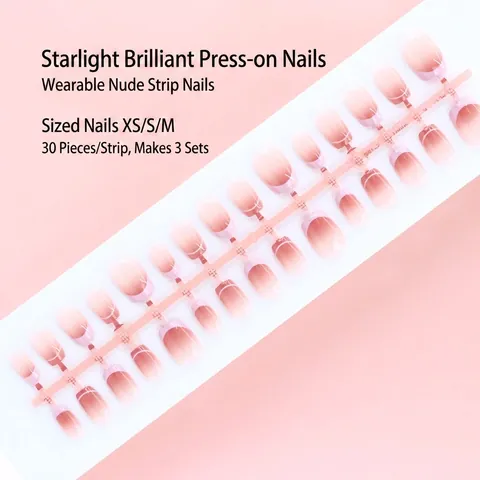 ABS Gradient Nude Pink French Tip Press On Nails With Rhinestone Short Square Round False Nails For Women Daily Manicure