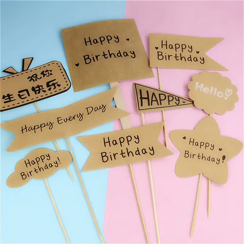 Kraftpapier Verjaardag Taarttopper Bos Stijl Happy Birthday Hello With Love Houten Stok Bakkerij Decoratie Feest