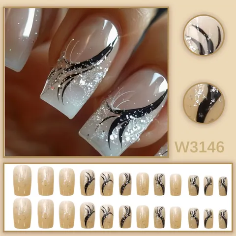 French Style Ice Nude Press-on Nails Short Square Black Ribbon Glitter Design Removable False Nails Set For Women