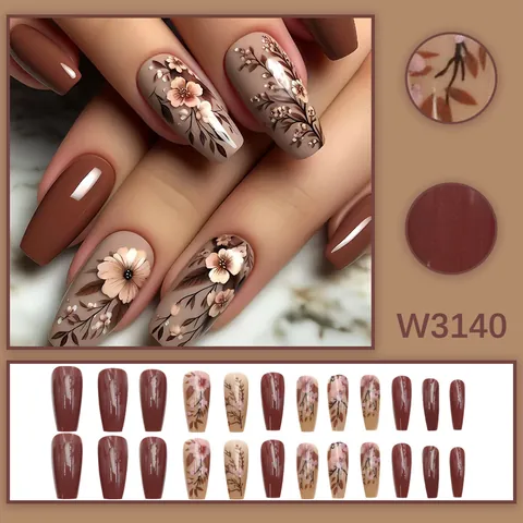 Caramel Milk Coffee Retro Floral Press On Nails Long Coffin Shape Elegant Gentle Style Detachable Fake Nails