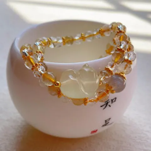 Natural Citrine Rutilated Quartz Bracelet With Cat Pendant For Women Moonstone Double Row Beaded Wealth Bracelet Jewelry Gift