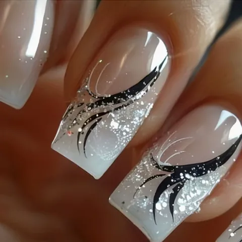 French Style Ice Nude Press-on Nails Short Square Black Ribbon Glitter Design Removable False Nails Set For Women