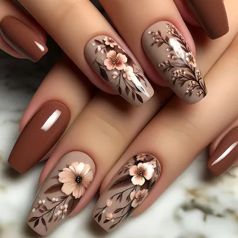 Caramel Milk Coffee Retro Floral Press On Nails Long Coffin Shape Elegant Gentle Style Detachable Fake Nails