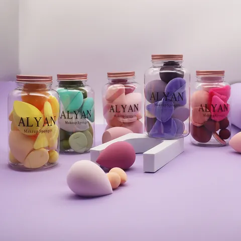 Esponjas de Maquillaje de Poliuretano Hidrófilo Portátiles Con Borlas Triangulares Flocadas y Mezcladores de Dedos en Frasco Mujer