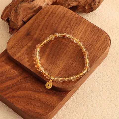 Neuer Chinesischer Stil Citrin Gold Rutilquarz Armband Mit Legierung Strass Kupfermünze Flaschenkürbis Anhänger Retro Perlen Handkette Für Damen Herren Schmuck
